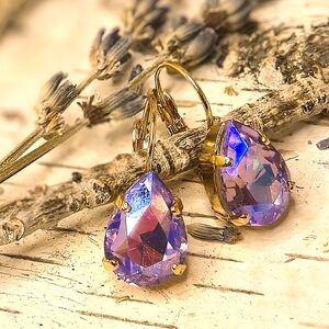 Sparkling Tanzanite Purple  Swarovski Crystal In Gold Plated Drop Down Earrings